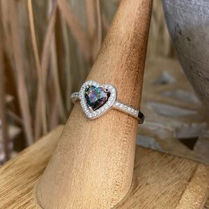 Rainbow Topaz & Clear CZ Heart Sterling Silver Ring Sizes 5,6